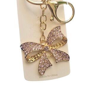 Mint Gold Bow Keychain Bag Charm Bling Rhinestone‎ Keyring Purse Accessory